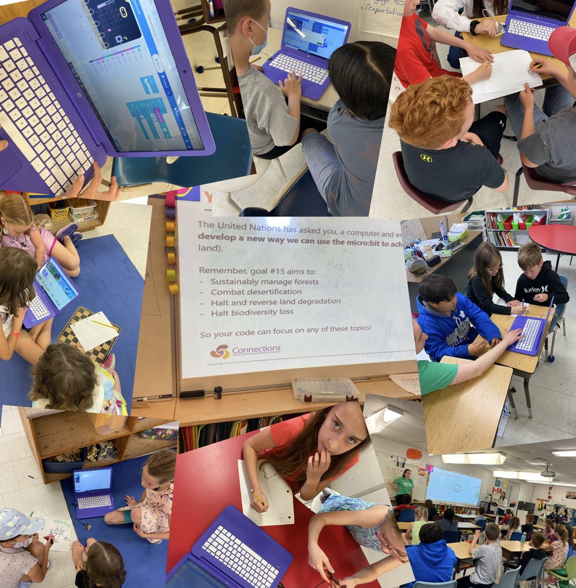 Loved having @QueensEngineer  Outreach program in the classroom today! Ss were challenged to code a micro-bit that could help the environment! Their ideas were inspiring and their ease with the coding was incredible! Bravo les amis!