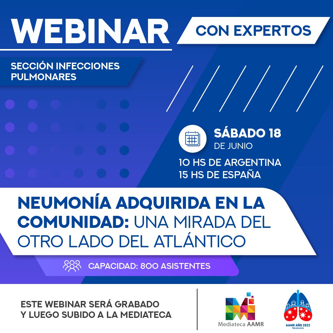 twitaamr's tweet photo. ‼️Webinar con expertos Sección Infecciones Pulmonares
✔️NAC: una mirada del otro lado del Atlántico 

📆 18/6
🕗10 hs (Arg) 15 hs (Esp)
👥 800 ASISTENTES

👤DISERTANTES
🔸Dra. Catia Cillóniz-España.
🔸Dr. Adrián Ceccato-España
🔸Dra. Rosario Menéndez- España https://t.co/sRNgqoL2jr