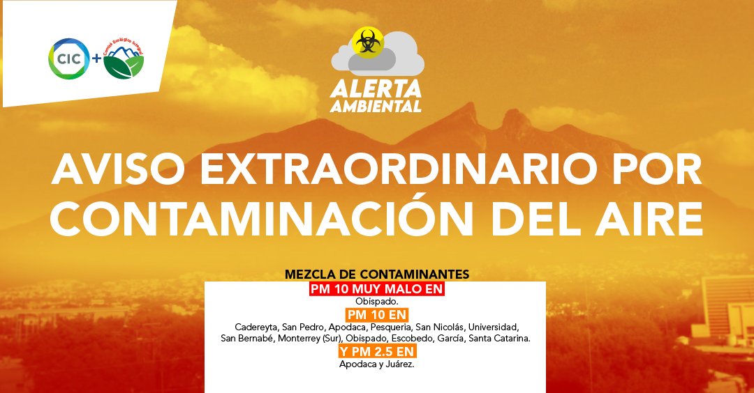 Cicmty's tweet photo. ⚠️ InfoCIC Aviso extraordinario por contaminación del aire en colaboración con el CEI ⚠️
📢 Informamos a la comunidad CIC de los más recientes niveles de calidad del aire de acuerdo al #ComitéEcológicoIntegral.
#CICMTY #CalidadDelAire #Monterrey https://t.co/rpGeGyMv2m