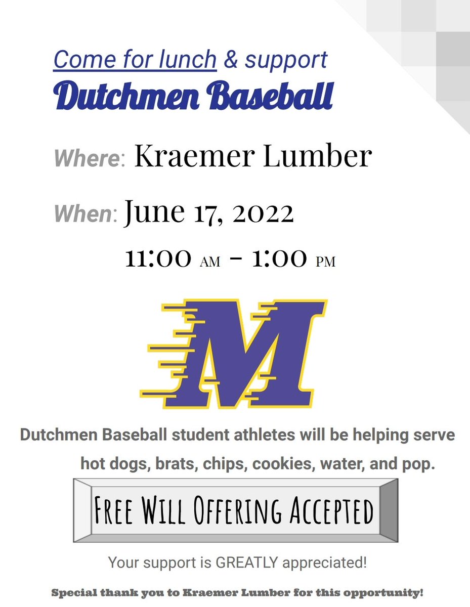 Come support the Dutchmen Baseball program and have a great lunch provided by Kraemer Lumber THIS FRIDAY!!!