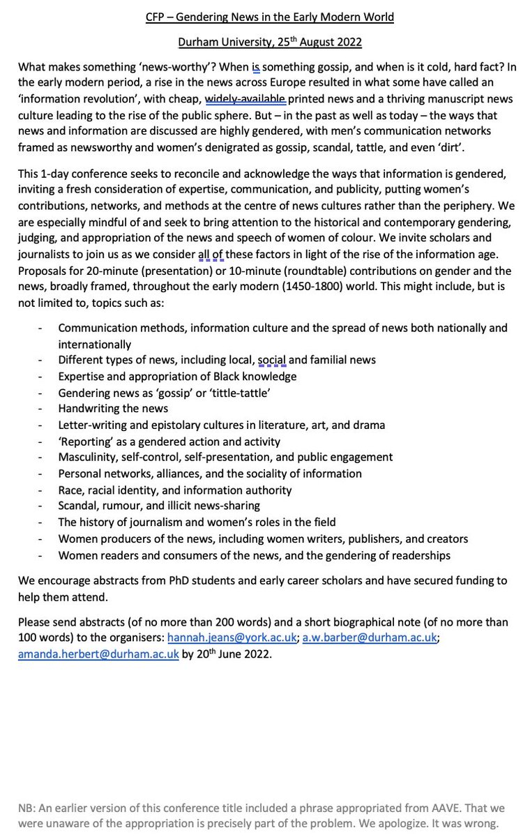Revised CFP for 'Gendering News in the Early Modern World': when is something gossip, & when is it cold hard fact? This 1-day conference seeks to reconcile & acknowledge the ways that information is gendered, inviting a fresh consideration of expertise, communication & publicity.