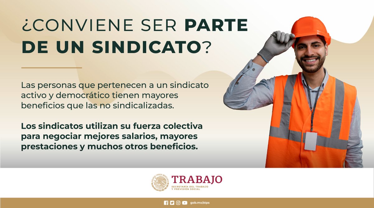STPS_mx's tweet photo. #DatoLaboral: De acuerdo a estudios las y los trabajadores sindicalizados ganan 11.2% más que los no afiliados.
➡️Recuerda que la #libertadsindical es tu derecho.
Conoce más en: https://t.co/EIaomnbfZn https://t.co/5VFT79l9KU