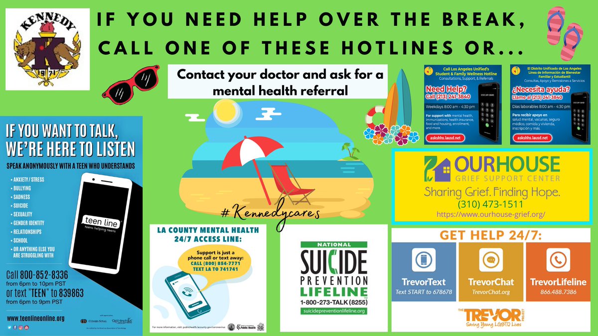 Summer can be a happy time for some; difficult time for others. If you or someone you care about needs social emotional support over the Summer, you can reach out to any of these HOTLINE and TEXTLINE numbers. We wish you a safe and restorative break. Someone is always available.