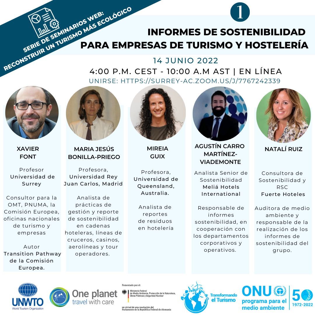 La profesora María Jesús Bonilla participa en el seminario "Informes de sostenibiidad para empresas de turismo y hostelería". En el siguiente enlace se puede seguir el seminario:
SURREY-AC.ZOOM.US/J/7767242339