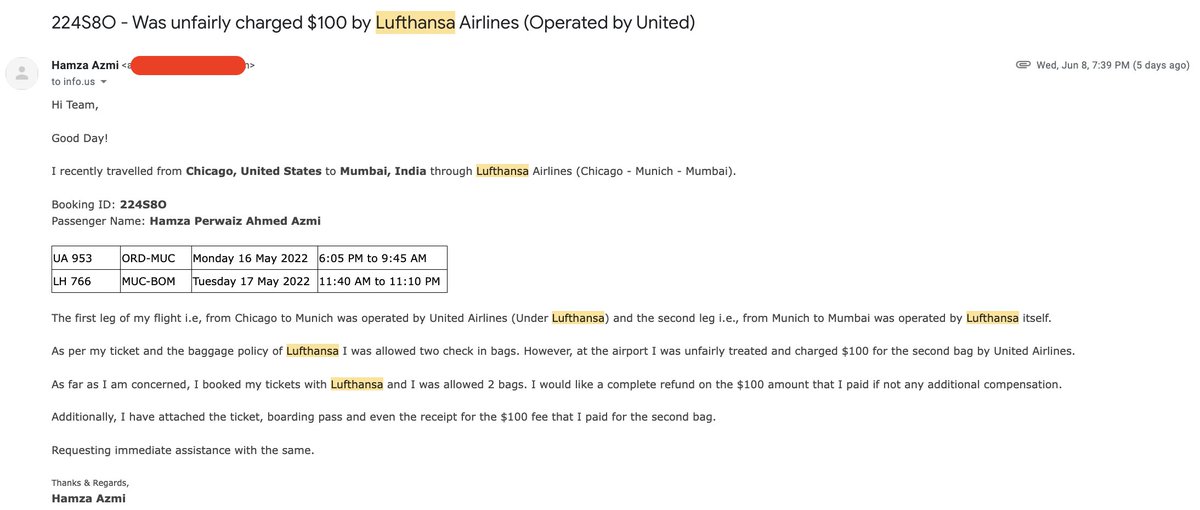 azmihamza96's tweet photo. @lufthansaNews I was forced to pay $100 for a second bag even though your policy allows 2 baggages. Now, your customer support is experiencing heavy volumes on call and is too busy to answer emails. Extremely poor service overall, very disappointing experience. #WeAreLufthansa https://t.co/IRe9TA3JcC