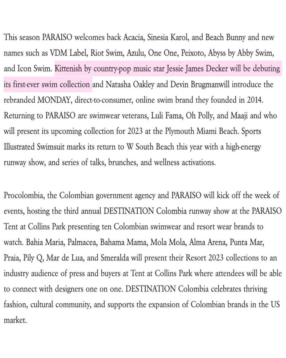 Thank you <a href="/FashionWkOnline/">Fashion Week Online</a> for the coverage on <a href="/KeepItKittenish/">Keep It Kittenish</a> by Jessie James Decker’s (<a href="/JessieJDecker/">Jessie James Decker</a> ) debut swim collection fashion show taking place at this year’s #ParaisoMiamiSwimWeek ☀️🌊
