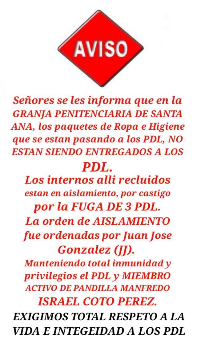 #IMPORTANTE 

<a href="/PenalesSV/">PenalesSV</a> Se estan ROBANDOSE los paquetes de Higiene y Ropa que se están ingresando a los PDL.

En los Centros penitenciarios específicamente en la GRANJA PENITENCIARIA DE SANTA ANA.

Los PDL se encuentran en islamiento total por la fuga de 3 PDL.

<a href="/TamaraTaraciuk/">Tamara Taraciuk Broner</a>