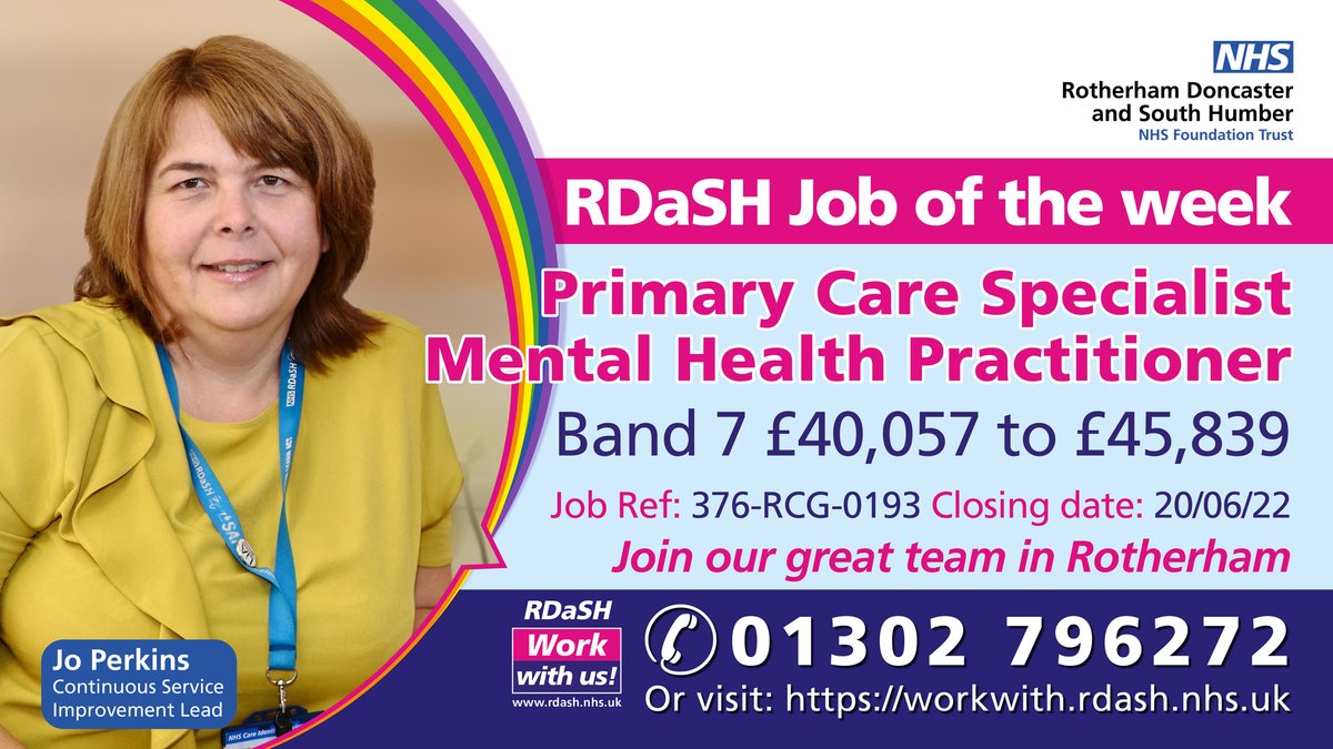 rdash_nhs's tweet photo. This week we are looking for a Primary Care Specialist Mental Health Practitioner (Band 7) to join our great team in #Rotherhamiswonderful
Looking for an exciting opportunity? Then use the link below for full details. 
https://t.co/7XV54ZhQbn

#WeAreTheNHS #NHSJobs https://t.co/Wc0hK3Uf02