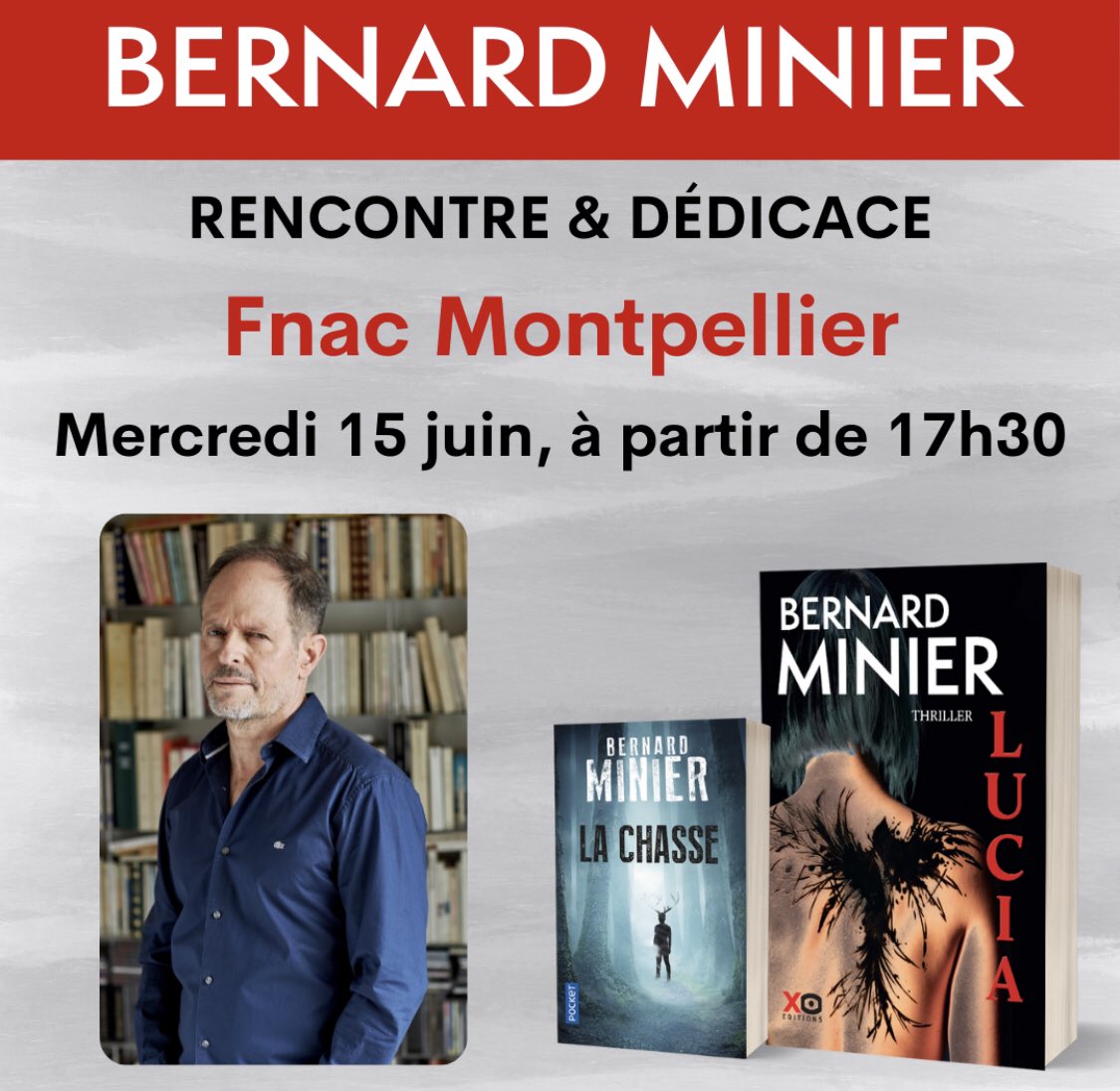 Bernard_Minier's tweet photo. Chers lectrices et lecteurs, je serai ce mercredi 15 juin à la FNAC de Montpellier, à partir de 17:30. ✒️📚#lectriceslecteurs #dedicaces #rencontre #fnac #montpellier https://t.co/jrBSVm8q8p