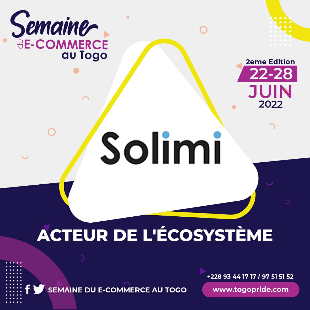 EcommerceTg's tweet photo. Acteur de l'écosystème du commerce électronique au #Togo, SOLIMI participe à l'aventure de la « SEMAINE DU #eCommerce édition 2022 » ! https://t.co/qoENCbnzU2
RDV du 22 au 28 juin 2022
Infoline : +228 93 44 17 17
#EcommerceWeekTG #ECWKTG #SOLIMI #TogoPride #MadeinTogo https://t.co/MPpSZW0st0