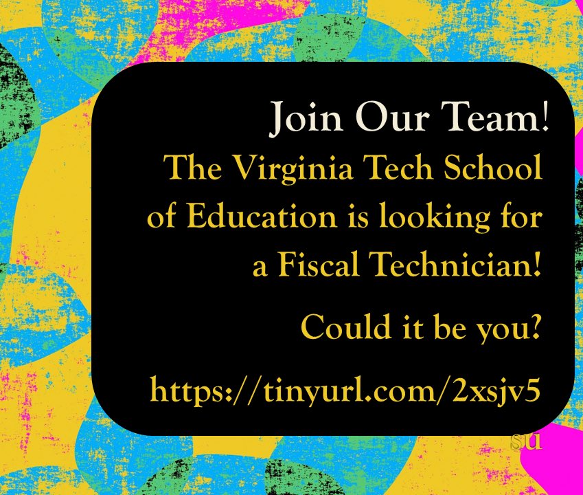 The Virginia Tech School of Education is seeking a Fiscal Technician - this is your opportunity to join our exciting and growing team! Full details and application details can be found at tinyurl.com/2xsjv5su For full consideration, apply by June 21, 2022. #Hokies #HokieJobs