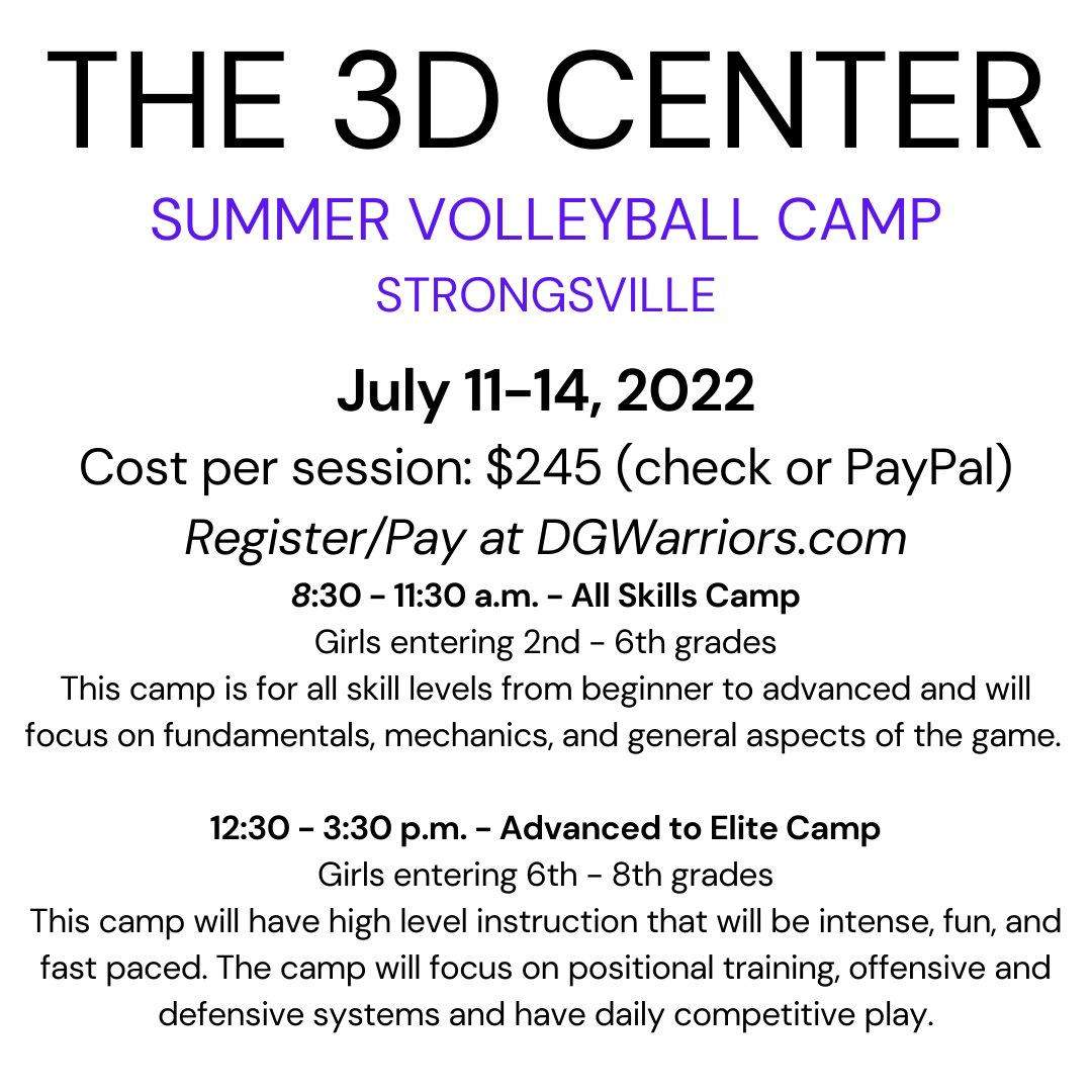 Save the date and register today for our summer camp at the 3D Center in Strongsville. Register to attend here:

dgwarriors.com/2022-volleybal…