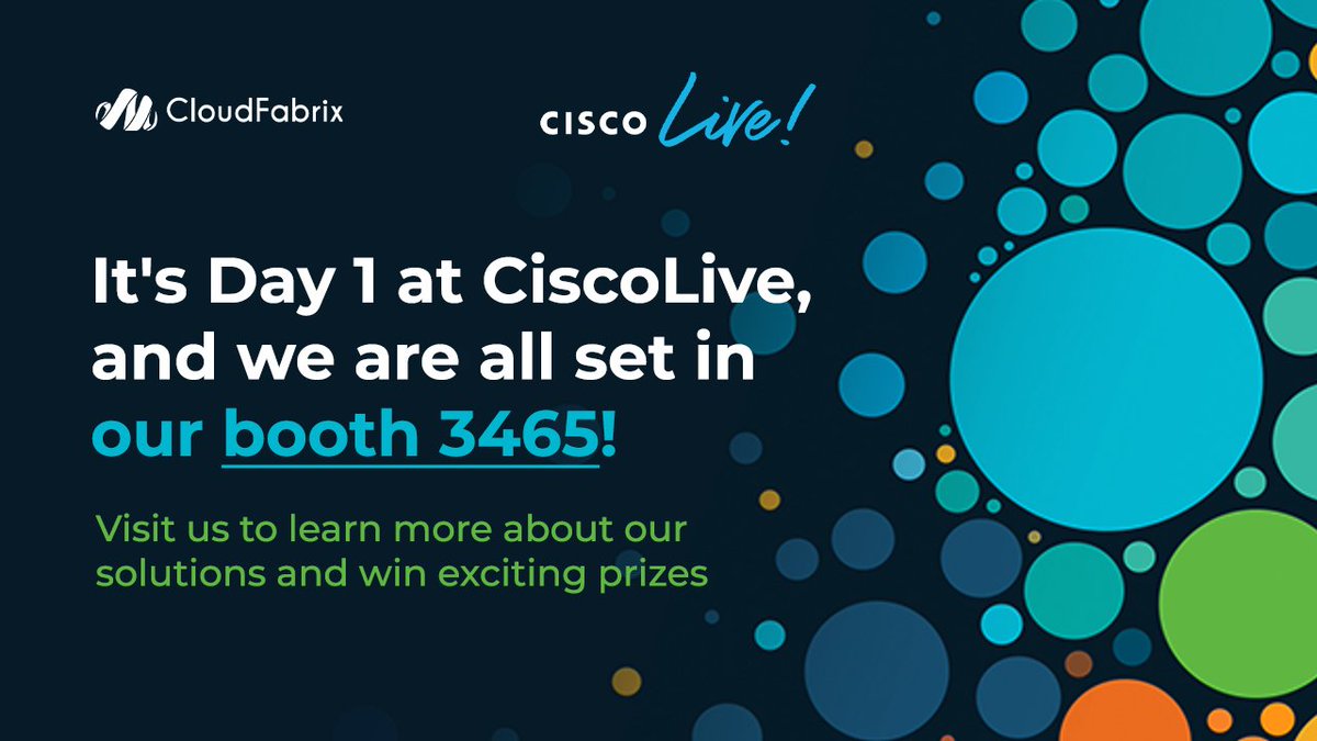 TheFabrixAI's tweet image. It&apos;s Day 1 at @CiscoLive and we are all set in booth #3465! Visit us to learn more about our solutions and win exciting prizes. hubs.ly/Q01dqYzP0
#ciscolive #ciscolive2022 #ciscochampion #ciscopartners #cloudfabrix