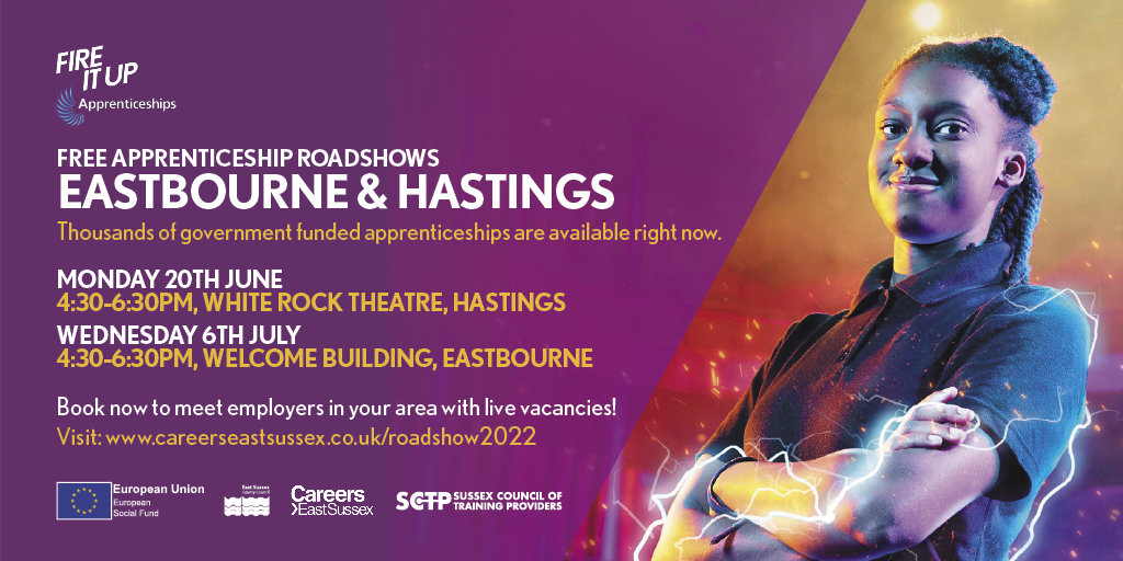 One week to go! Find out about #apprenticeships, meet employers with live vacancies and career advisors at the FREE Apprenticeships Roadshows on 20th June in #Hastings. More  at ow.ly/ssUx50JkPbP <a href="/themytrust/">MY Trust</a> <a href="/GCConfident/">Get Career Confident 💙</a> <a href="/EastSussexCC/">East Sussex County Council</a> <a href="/oa_hastings/">HastingsOA</a> <a href="/HACC1066/">Hastings Chamber</a> <a href="/sctp_network/">SCTP</a>
