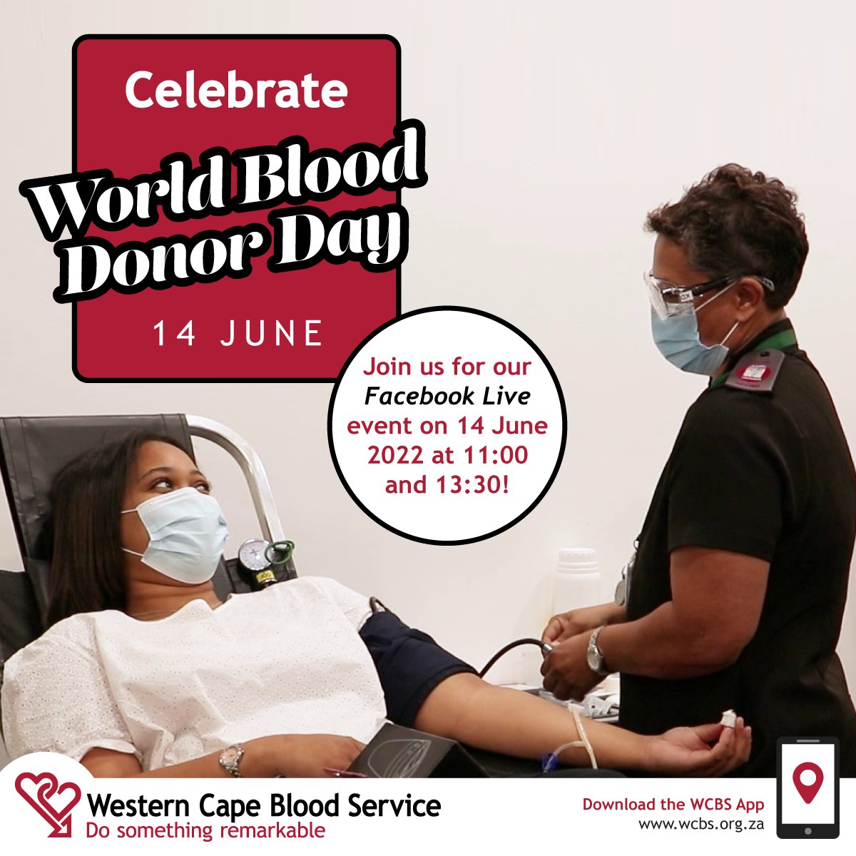 The_WCBS's tweet photo. Join us for a Facebook Live event tomorrow at 11:00 as we show you around our Pinelands head office, where we will be having a blood donation clinic. We'll also show you how plasma donation works with a Facebook Live event at 13:30. #WorldBloodDonorDay #theWCBS https://t.co/eHf5ErD9WG