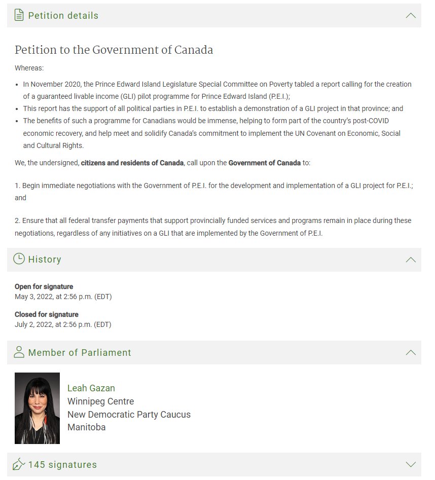 A House of Commons petition calling for the government to support PEI's request for a Basic Income project, authorized by @LeahGazan who introduced #Motion46 and #C223 for GLBI.

It closes for signatures July 2. Can you help us get this to 500 signatures?
petitions.ourcommons.ca/en/Petition/De…