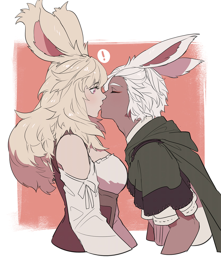 avatar (ff14) viera rabbit ears animal ears kiss dark skin 1boy 1girl  illustration images