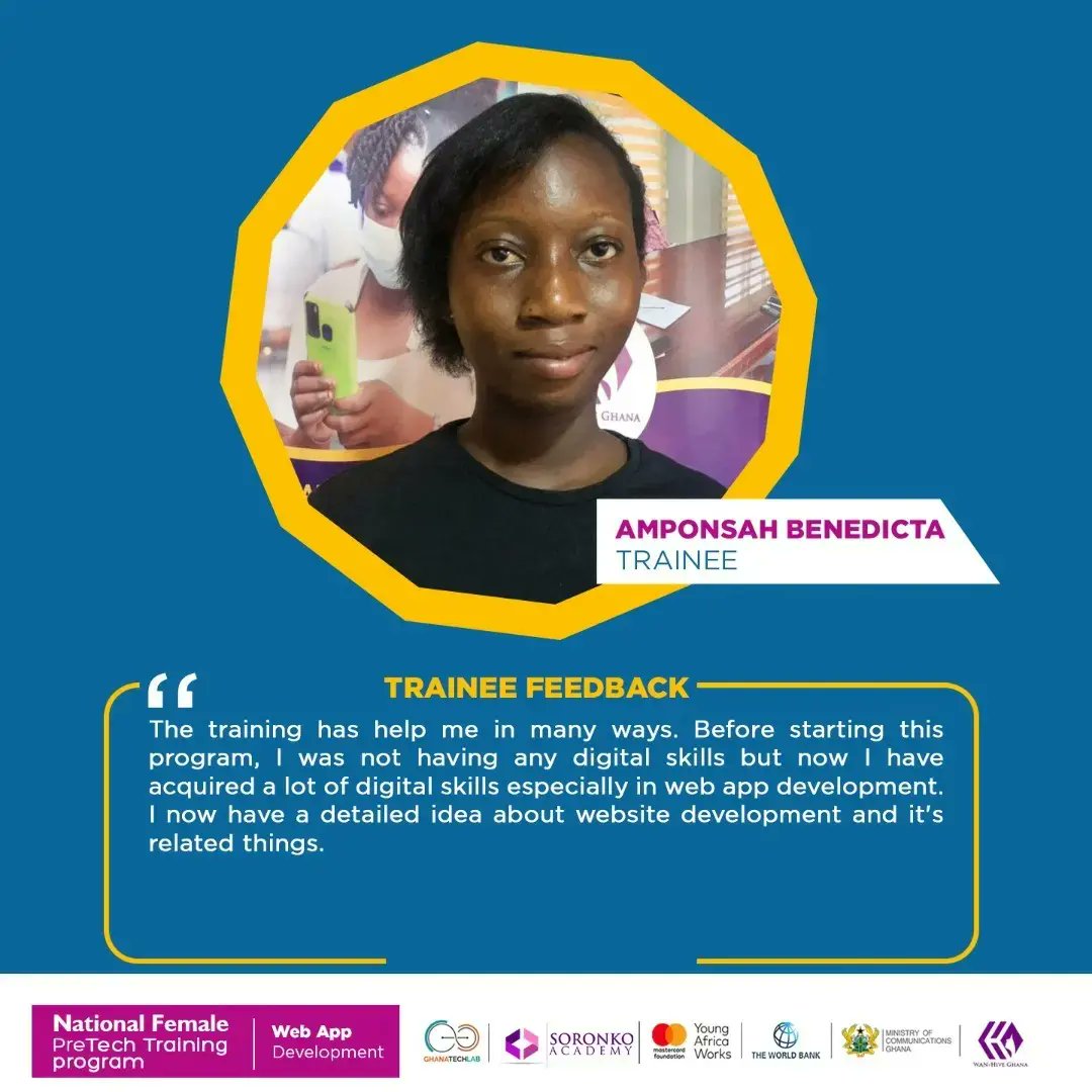 WAN_HiveGH's tweet image. 𝗧𝗿𝗮𝗶𝗻𝗲𝗲 𝗙𝗲𝗲𝗱𝗯𝗮𝗰𝗸~ 𝗣𝗿𝗲𝗧𝗲𝗰𝗵 𝗧𝗿𝗮𝗶𝗻𝗶𝗻𝗴_𝗪𝗲𝗯 𝗔𝗽𝗽 𝗗𝗲𝘃

Here are some feedback from our trainees who participated in the three weeks Web App Development training program for free.

#PreTechTraining #WANHiveimpact #ladiesintech #WebAppDev