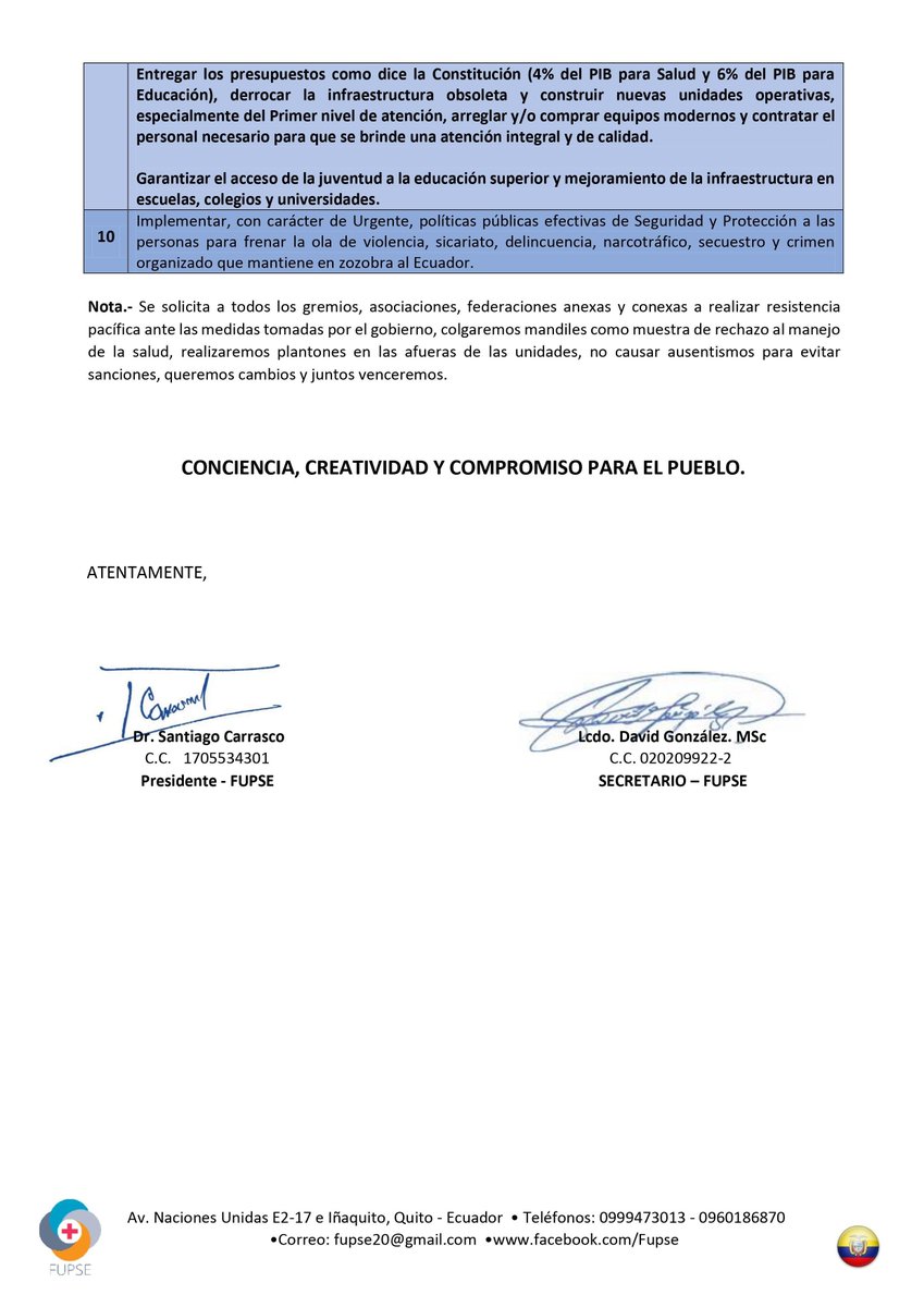 #Ecuador | Las Federaciones Unidas de Profesionales de la Salud del Ecuador se suman a la #MovilizaciónNacional contra el gobierno de #Lasso. En un comunicado expresan los puntos de su plataforma, frente a la desatención del gobierno

<a href="/FUPSE1/">Federaciónes Unidadas de Profesionales de la Salud</a>
#ParoNacional