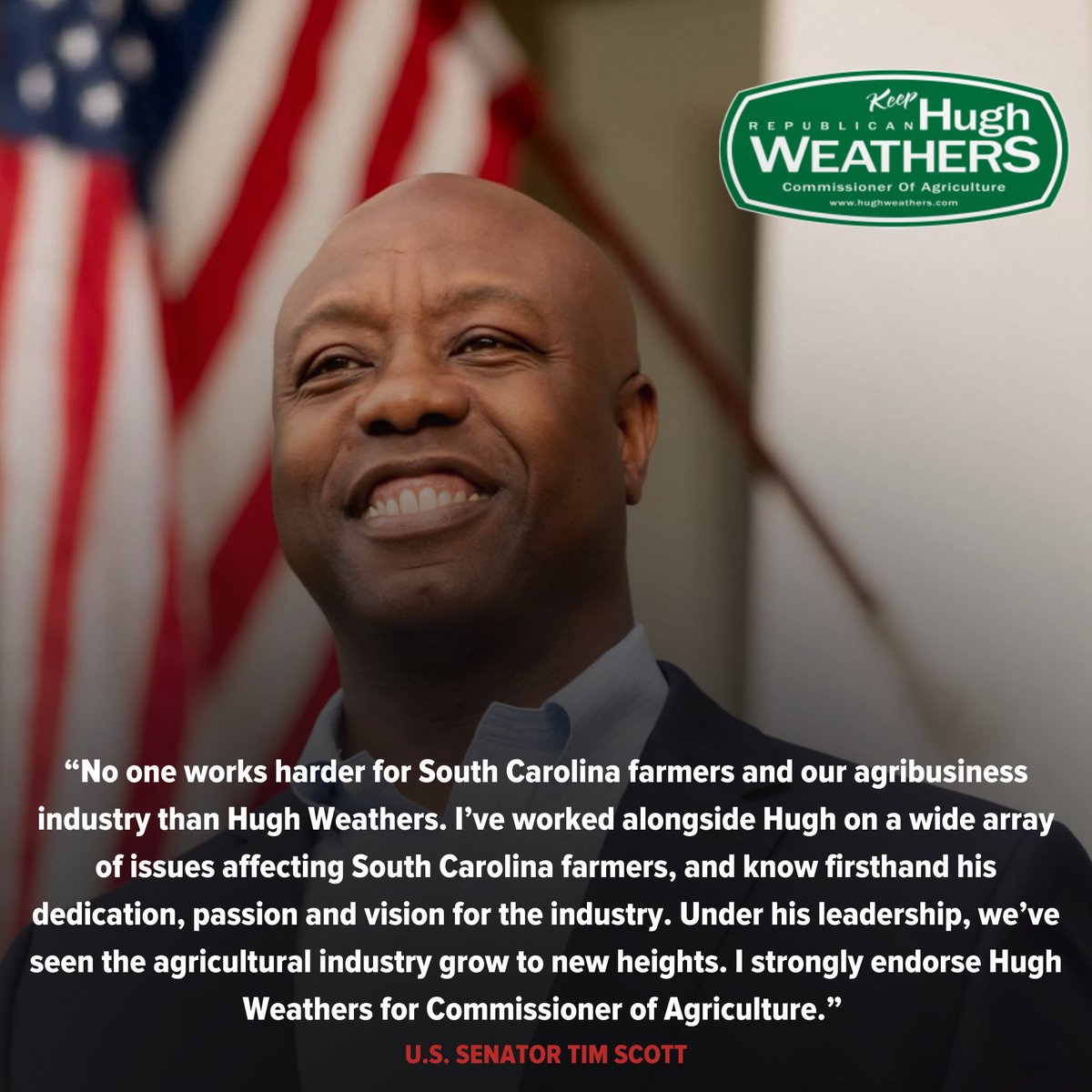 🚨 <a href="/votetimscott/">Tim Scott</a> endorses Hugh Weathers for Commissioner of Agriculture

“No one works harder for South Carolina farmers and our agribusiness industry than Hugh Weathers."
