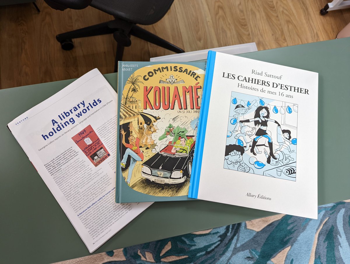 Finished today's work, now time for some BDs! Inspired by Georgina Collins' article in March/April <a href="/ITIBulletin/">ITI Bulletin</a> about 1949 library in Abidjan, I ordered Commissaire Kouamé. And I've been waiting with baited breath for the latest @RiadSattouf's Cahiers d'Ester! #cpd #bd #français