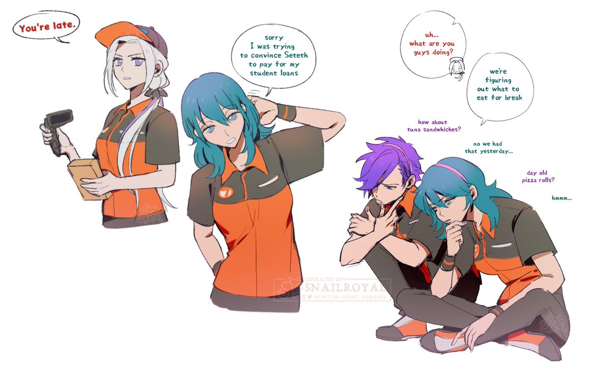 i had a dream where edelgard was a 7-11 manager, and byleth had to work there part-time because they accidentally volunteered for a free teaching program. added shez in cus cute #FE3Hopes #FE3H 