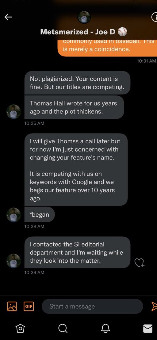 CorbinSmithNFL's tweet photo. Hey @MetsmerizedJoeD... leave our writers alone. You don't own "3 Up, 3 Down." A bazillion writers use that in multiple sports.

And I can assure you that the writer you are messing with did not pick that headline because of YOUR articles. Get off your high horse. https://t.co/uSF8j9nnIX