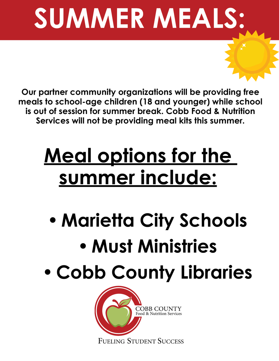 CobbCountyFNS's tweet photo. Follow the links below for information on summer meal options for children provided by community partners. 
Marietta City Schools https://t.co/Ej1xrOeHYr  
Must Ministries https://t.co/JkNi5kxiMb   

#FuelingGA #FuelingStudentSuccess https://t.co/oIunlpOiRv