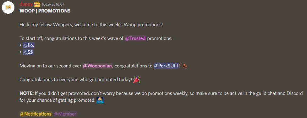 WoopGuild's tweet photo. Huge congrats to flobot and tihgt on getting Trusted, and PQRKY on getting Wooponian! 🎉 https://t.co/3pDf7LPqYM