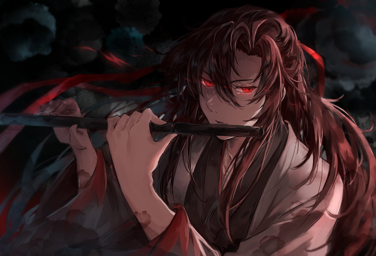 flute male focus red eyes 1boy long hair instrument solo  illustration images