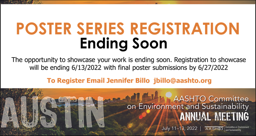 aashtospeaks's tweet image. Have a poster you want to showcase at the AASHTO Committee on Environment and Sustainability Annual Meeting?

TODAY is the deadline to email the address listed below!

#environment #SCOES #sustainability