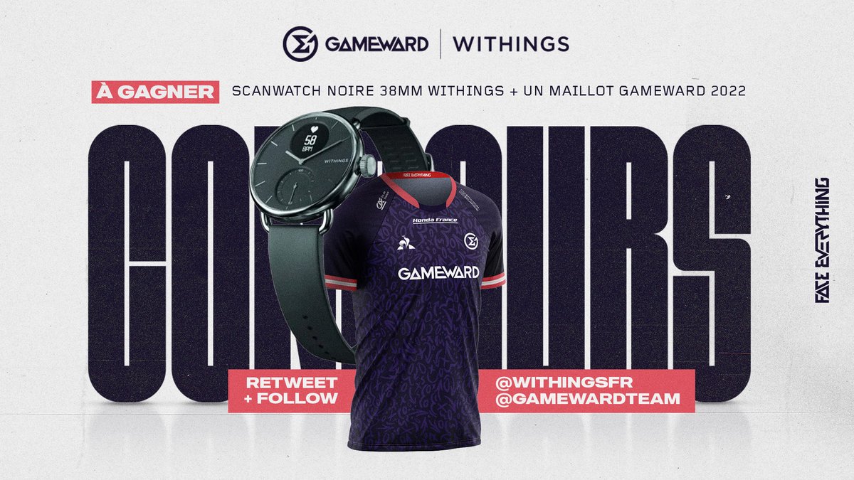 GameWardTeam's tweet photo. JEU CONCOURS ✨

Pour honorer notre nouveau partenaire @WithingsFR on vous fait gagner : 

- Une Scanwatch noire 38MM ⌚️
- Un maillot GameWard 2022 😍

Pour participer : RT + Follow @WithingsFR &amp; @GameWardTeam !

GL les potes 🍀

#FaceEverything https://t.co/zsW3cY9JBK