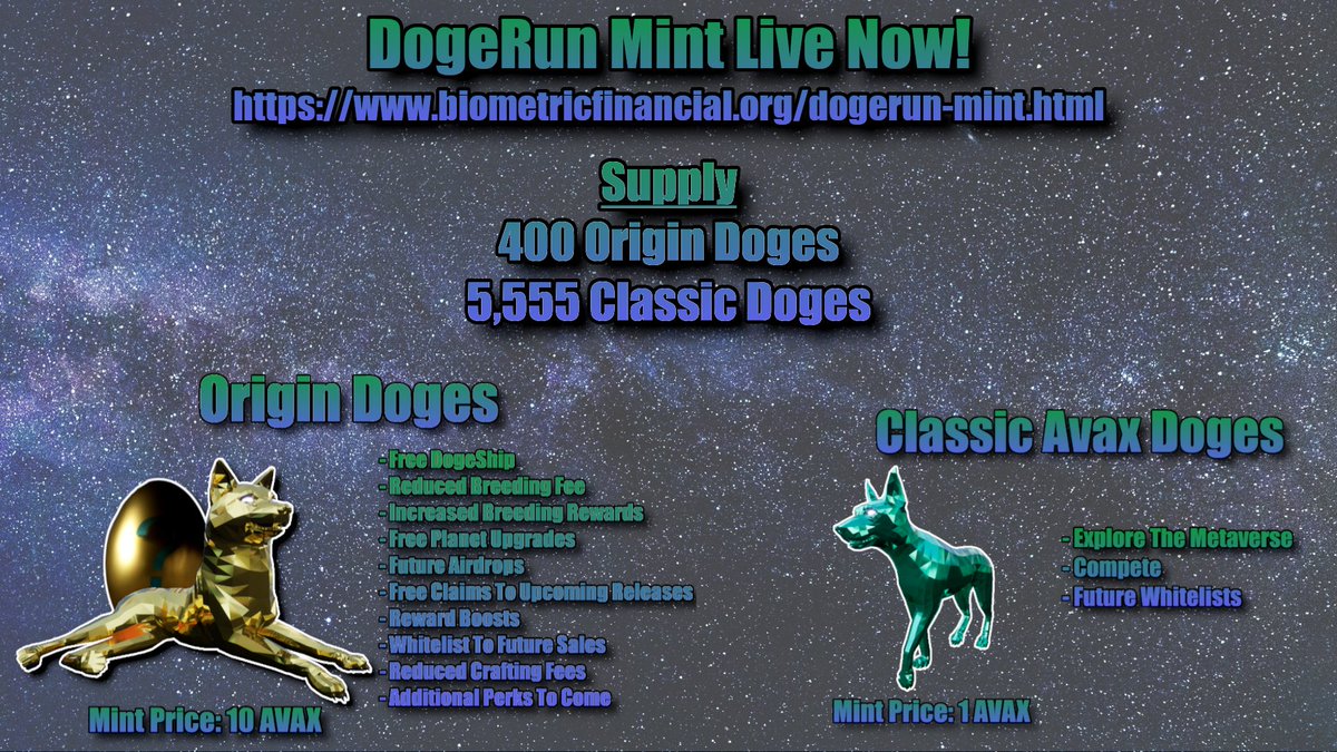 BioFiGlobal's tweet image. 🚨NOW LIVE🚨

🪐#Ethos Metaverse NFT Sale🪐

@Finnovant &amp;amp; The #BioFi 🧬 Ecosystem are proud to announce our first #Metaverse product on the #AVAX network using #Chainlink #VRF 

@DogeRunEthos is now live on #Avalanche 🔺🐕💨

Use our official link only! 🌐
biometricfinancial.org/dogerun-mint.h…