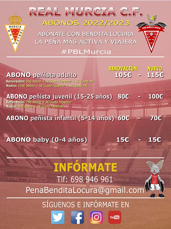 P_BenditaLocura's tweet photo. Ya puedes abonarte al #RealMurcia con la peña más activa y viajera del #murcianimo. Únete al movimiento peñista con #BenditaLocura. Aquí:

https://t.co/HaPpS5MTNF

#Fepemur https://t.co/vT5bUutfbh