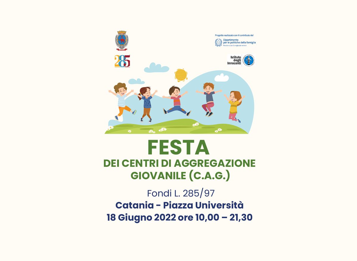 #savethedate: sabato 18 giugno, dalle 10 alle 21.30, tutti in piazza università a #catania per la #festadeicag che vedrà al centro i bambini dei nostri centri di aggregazione giovanile ➡️bit.ly/festacag