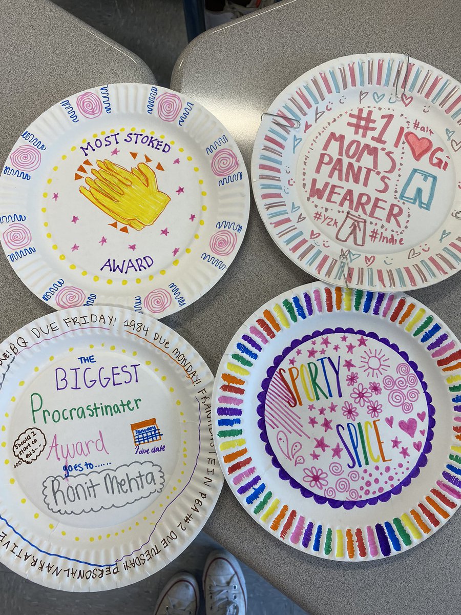 MrsClearyReads's tweet photo. Ending the year celebrating the relationships we’ve cultivated 🥳 After analyzing author’s purpose in Nobel Prize acceptance speeches, students created paper plate awards for each other &amp; wrote their own acceptance speeches. Going to miss these scholars! 💛💙@Lightridge_LCPS https://t.co/5mjfQ8tmw1