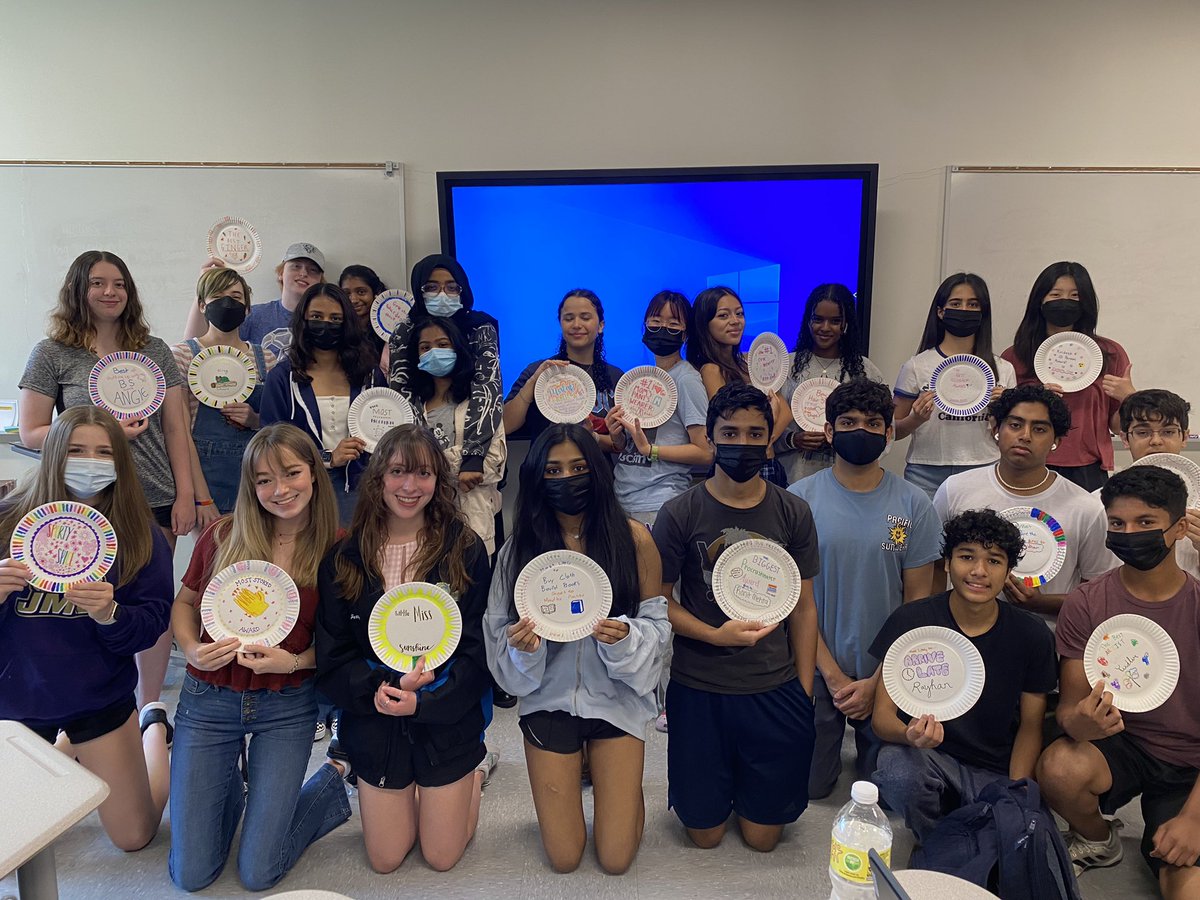 MrsClearyReads's tweet photo. Ending the year celebrating the relationships we’ve cultivated 🥳 After analyzing author’s purpose in Nobel Prize acceptance speeches, students created paper plate awards for each other &amp; wrote their own acceptance speeches. Going to miss these scholars! 💛💙@Lightridge_LCPS https://t.co/5mjfQ8tmw1
