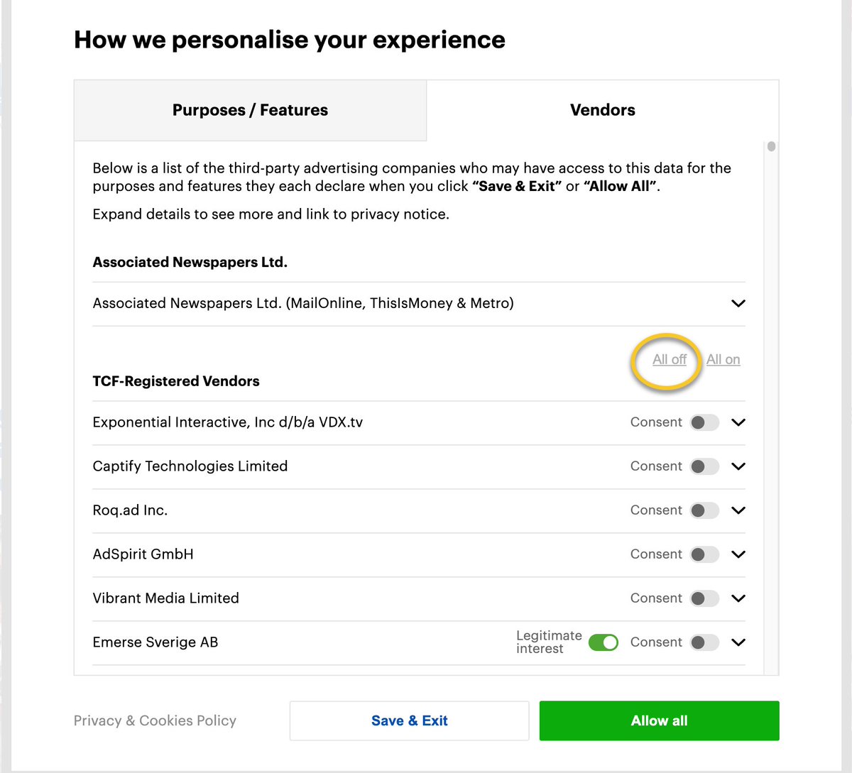 PrivacyMatters's tweet photo. I was asked if the @DailyMailUK was any better that @Independent The DM is worse. Approx 2000 adserver &amp; tracking requests. 390 third party ad vendors under a mix of consent/legitimate interests ... there's a hardly noticeable 'All off' choice on the vendors page ... https://t.co/lIroq0LhJM