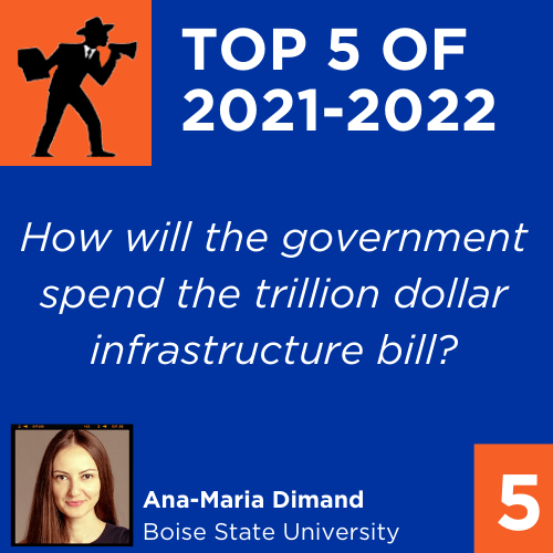 Summer is a little quiet around campus, so we're revisiting the articles our readers viewed the most this past year. 

Checking in at #5 is Ana Maria Dimand's examination of the $1T infrastructure bill. Enjoy (again)!
bit.ly/3MQqAqG
<a href="/AnaDimand/">Ana-Maria Dimand</a> <a href="/BoiseStateSPS/">Boise State School of Public Service</a> <a href="/BoiseState/">Boise State University</a>