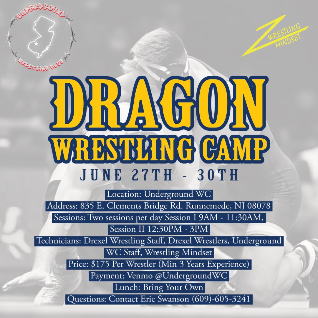 DrexelWrestling's tweet photo. Don’t forgot to sign up for the Dragon Wrestling Camp at Underground coming up at the end of June! #bringtheHEAT https://t.co/wcrY5B07t9