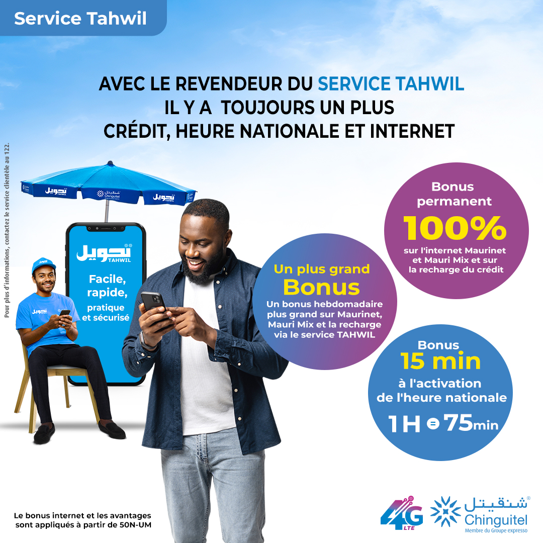 Chinguitel_'s tweet photo. Avec le service #Tahwil de #Chinguitel il y a toujours un plus 🤩
Bonus 100% permanent sur l’internet #MauriNet et #MauriMix à partir de 50MRU.
Bonus 15min permanent sur l’heure nationale et un bonus hebdomadaire plus grand sur la recharge et l’internet . https://t.co/9iqInlleIL