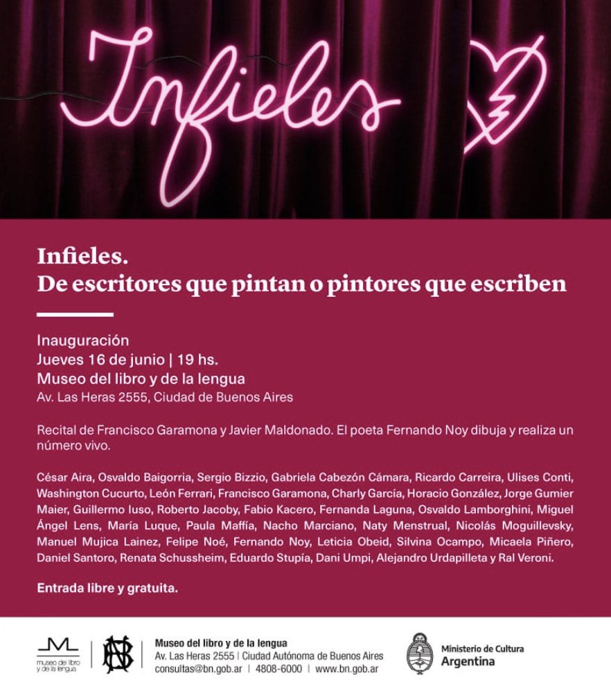 #Muestras | El 16 de junio a las 19 hs se inaugura "Infieles", muestra organizada por el Museo del libro y de la lengua que celebra el encuentro de la palabra con la imagen, con música en vivo y un número a cargo del poeta Fernando Noy.
+ info: bn.gov.ar/agenda-cultura…