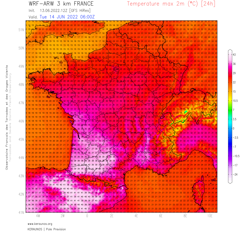 Demain mardi, les très fortes chaleurs gagnent le sud-ouest avec 36 à 38°C attendu. 
A noter une probable surestimation du modèle ARW 3km entre Hautes-Pyrénées et Gers et sous-estimation entre Landes et Gironde. 