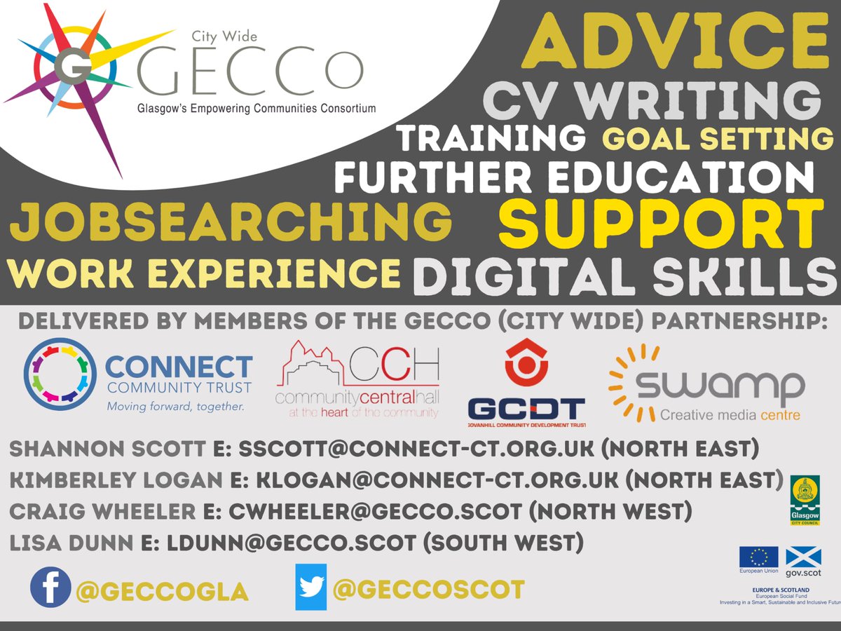 <a href="/TrustConnect/">Connect Community Trust</a> Employability support available through our <a href="/GECCoSCOT/">GECCo</a> programme, self refer or be referred by another service. Get in touch with  us for job search support, cv, interview and application support, training or work experience/volunteering! 😊