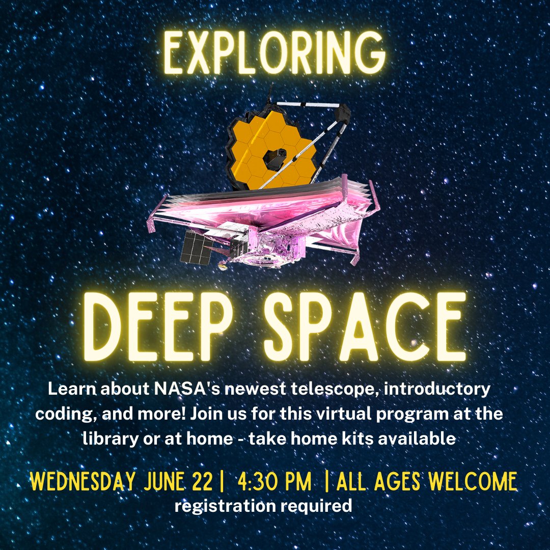 hpl_teens's tweet photo. Kits will be ready for pickup this Saturday!
Learn about the James Webb telescope & try your hand at coding with a Subject Matter Expert!
Presented in conjunction with Old Dominion University & Georgetown Public Library
#STEMinLib @STARNet_Project https://t.co/YYzNG4xX7J