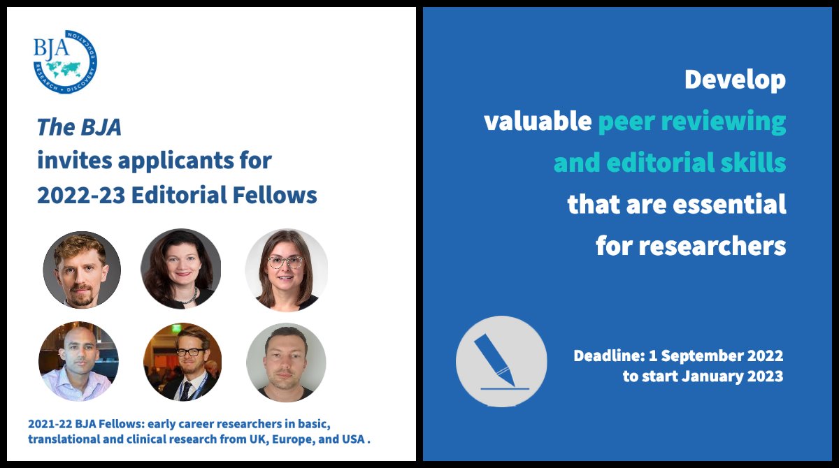 Want to learn more about peer review and editorial process? Come & join the @BJAJournals team as an editorial fellow for 2022-2023. Applications now open! bjanaesthesia.org/news #anaesthesia #anesthesia #perioperative #criticalcare @HughHemmings @AcklandLab @rupert_pearse