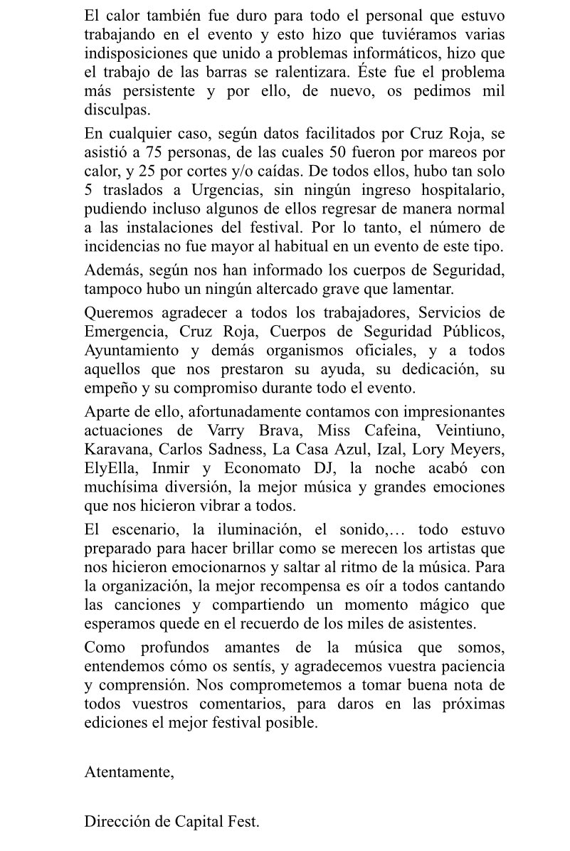 La organización del #CápitalFest emite un comunicado sobre los incidentes provocados por el calor. No hubo ingresos hospitalarios y se devolverán los tickets no gastados. Texto completo: