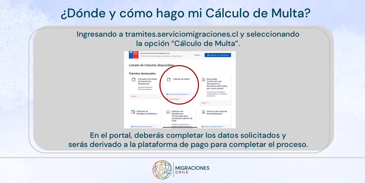 Si debes calcular y pagar tu multa por infracción migratoria, recuerda que lo puedes hacer en tramites.serviciomigraciones.cl. 🌐

Revisa la guía con el paso a paso en el Portal de Ayuda de Migraciones ℹ️ 👉 smig.cl/multa.