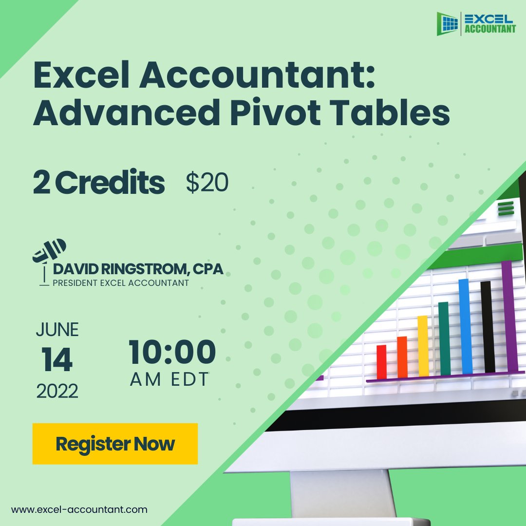 excel_account's tweet image. &quot;Excel Accountant: Advanced Pivot Tables&quot;

This 2 CPE webinar will come live on June 14 by David Ringstrom.
Book your seat: bit.ly/3D5rmvE

#pivottable #dataanalysis #excelfeatures #exceltips #exceltricks #excelformulas #pivottables #msexcel #msexceltraining #cpecredits