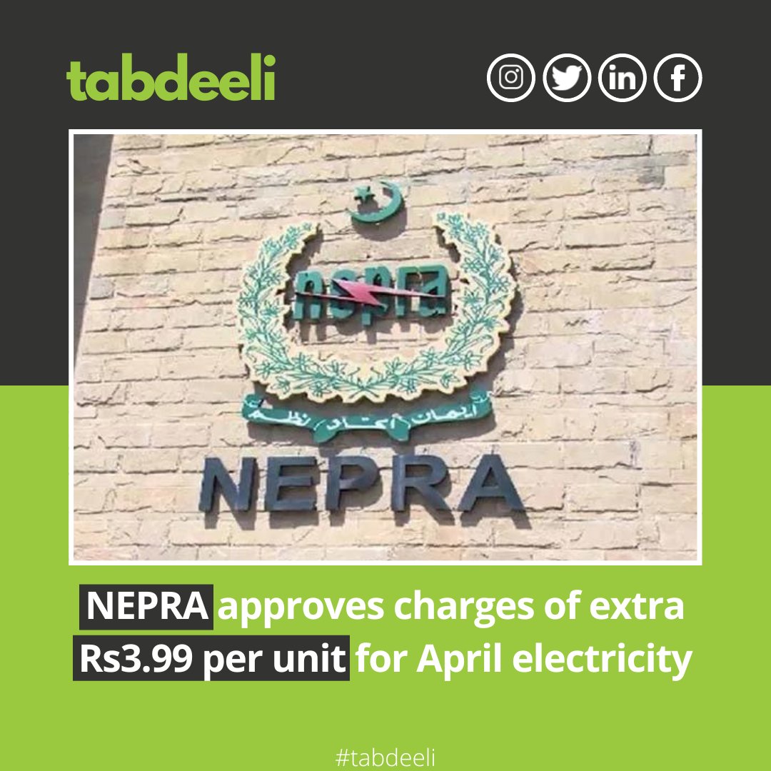 Tabdeeli_'s tweet photo. National Electric Power Regulatory Authority (NEPRA) allowed ex-Wapda distribution companies (Discos) to charge their consumers an additional fuel cost of Rs3.99 per unit as fuel charges adjustment for April.
#tabdeeli #NEPRA #PriceHike #Electrity #Dollar #stockmarketcrash https://t.co/8YtIT2hvcs